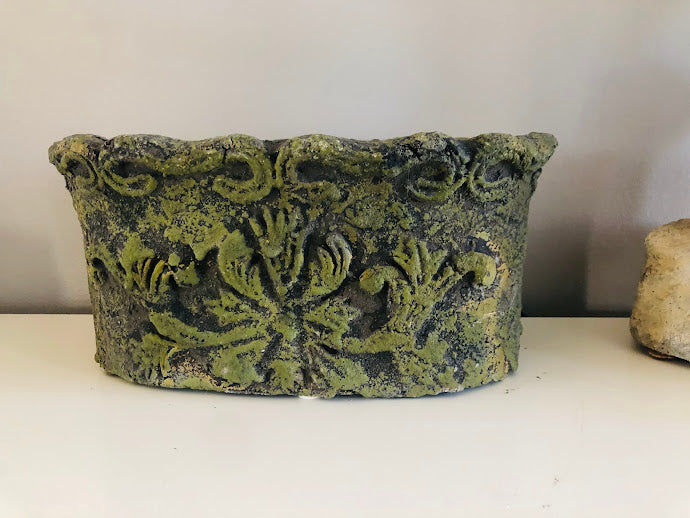One-of-a-Kind Moss Green Stone Vase – Vintage-Style Ornate Garden Relic