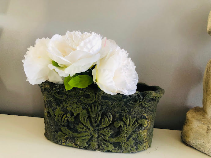 One-of-a-Kind Moss Green Stone Vase – Vintage-Style Ornate Garden Relic