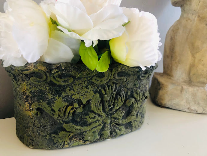 One-of-a-Kind Moss Green Stone Vase – Vintage-Style Ornate Garden Relic