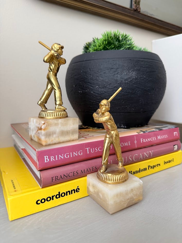 Vintage Munzinger München Alabaster & Brass Baseball Bookends - A Pair