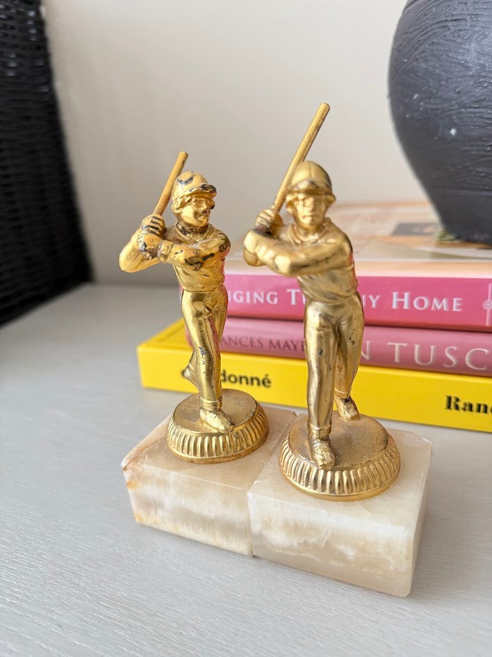 Vintage Munzinger München Alabaster & Brass Baseball Bookends - A Pair