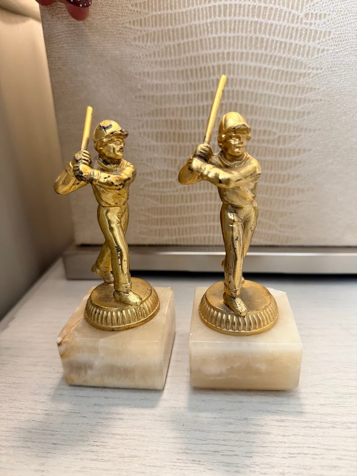 Vintage Munzinger München Alabaster & Brass Baseball Bookends - A Pair