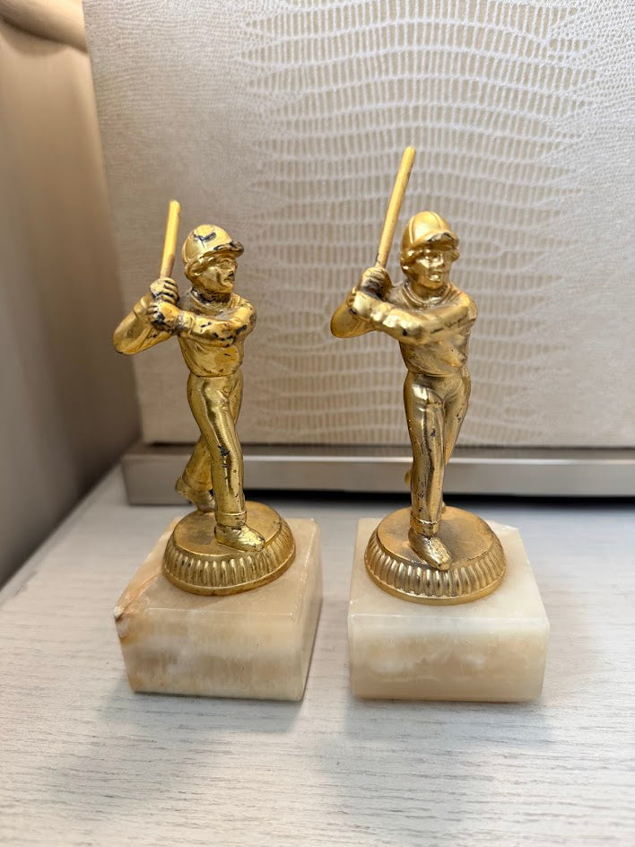 Vintage Munzinger München Alabaster & Brass Baseball Bookends - A Pair
