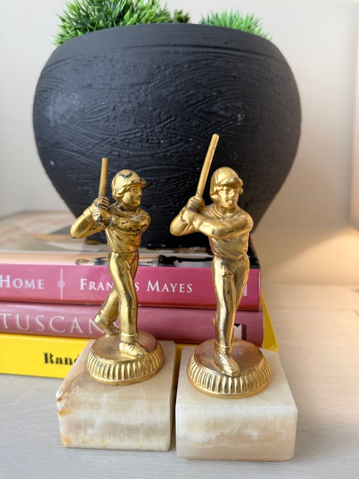 Vintage Munzinger München Alabaster & Brass Baseball Bookends - A Pair