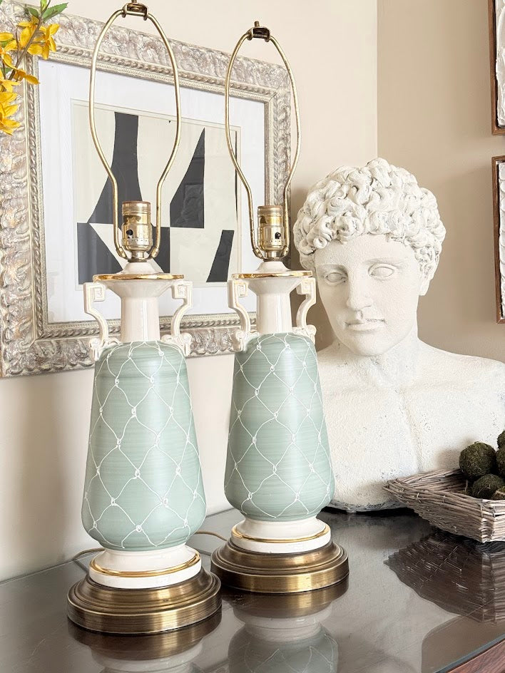 Vintage Hollywood Regency Celadon Porcelain Urn Lamps (Pair)