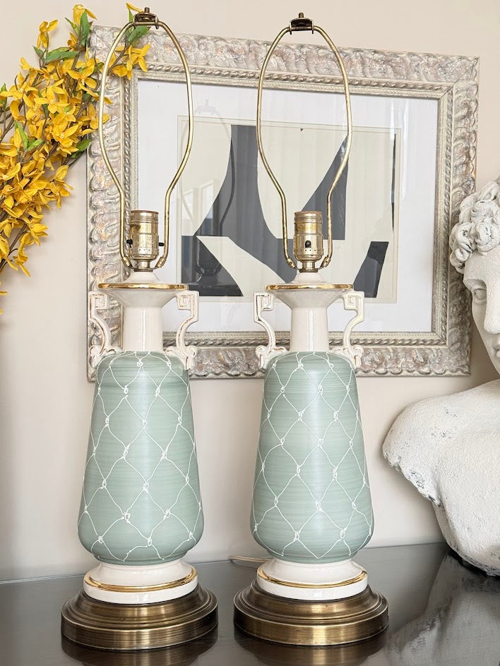 Vintage Hollywood Regency Celadon Porcelain Urn Lamps (Pair)