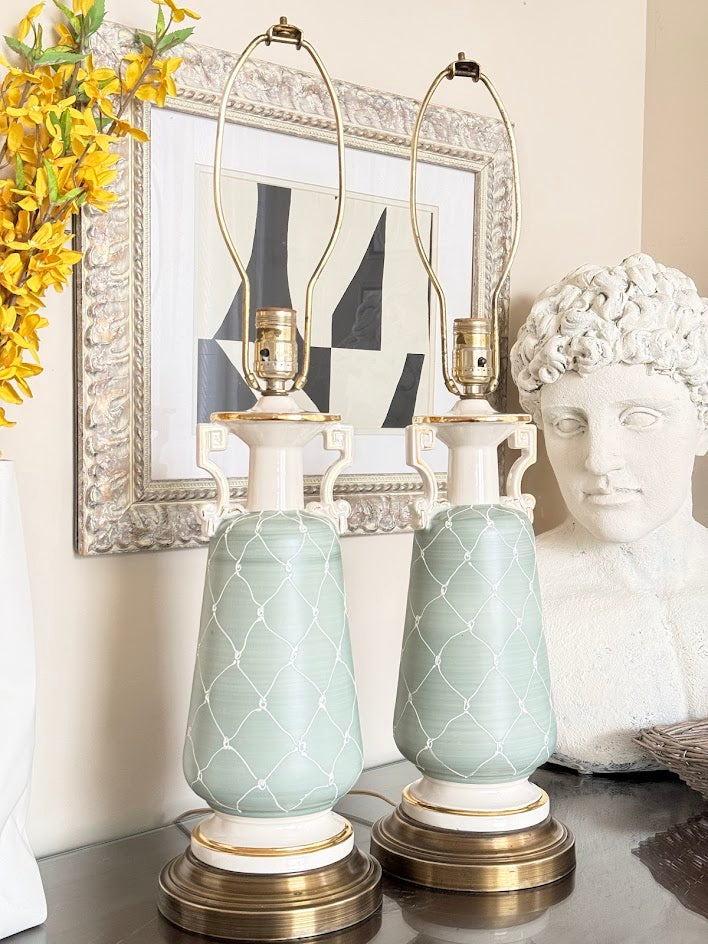 Vintage Hollywood Regency Celadon Porcelain Urn Lamps (Pair)