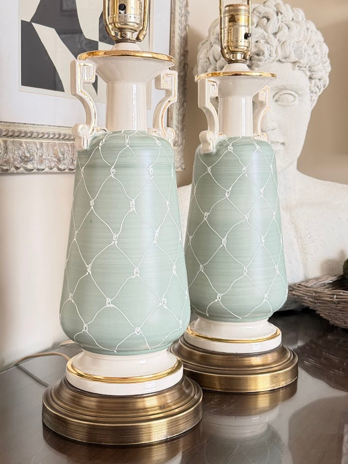 Vintage Hollywood Regency Celadon Porcelain Urn Lamps (Pair)
