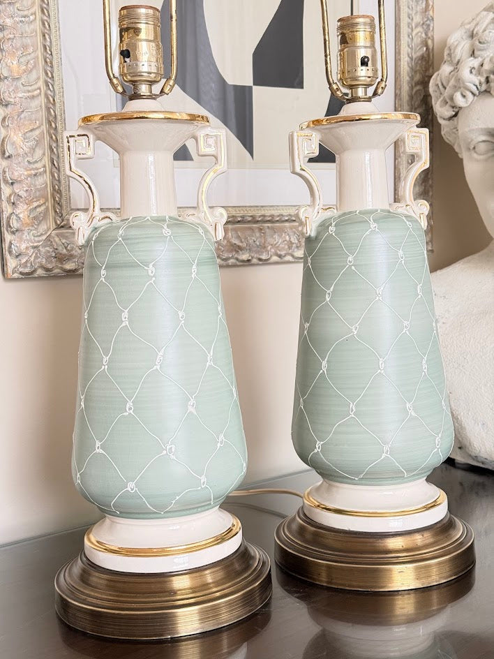 Vintage Hollywood Regency Celadon Porcelain Urn Lamps (Pair)