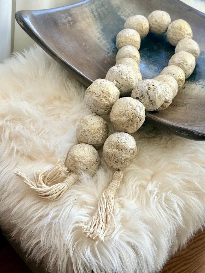Handmade Paper Mache Decorative Garland Beads – Stone Beige & Gold