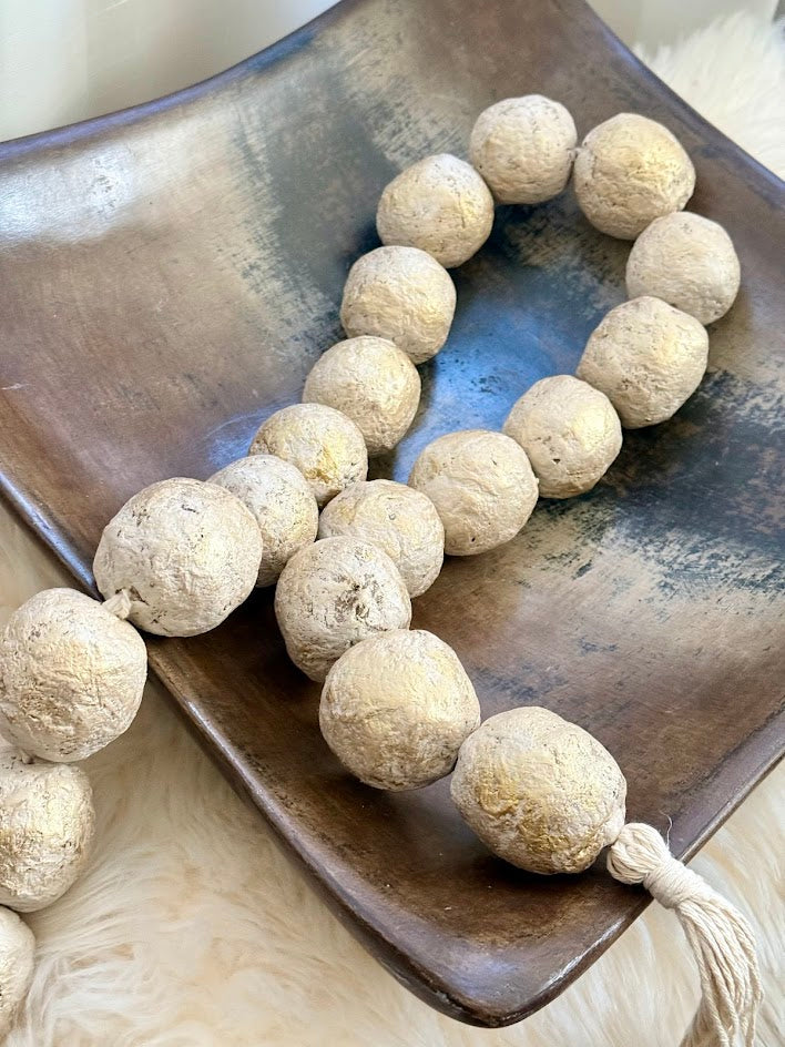 Handmade Paper Mache Decorative Garland Beads – Stone Beige & Gold